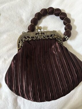 Vintage-Inspired Brown Pleated Evening Bag with Beaded Handle Carlo Fellini